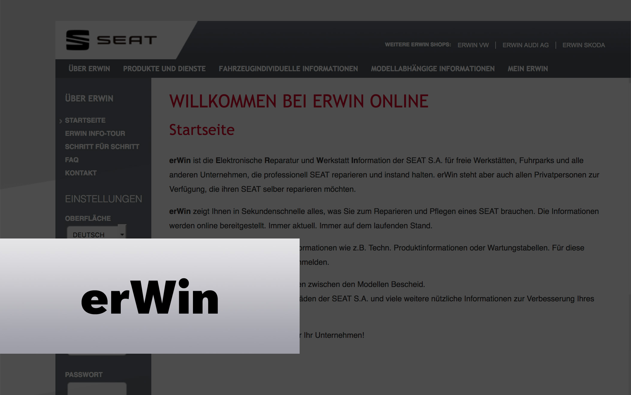 Bildschirmdarstellung von Erwin Online | SEAT