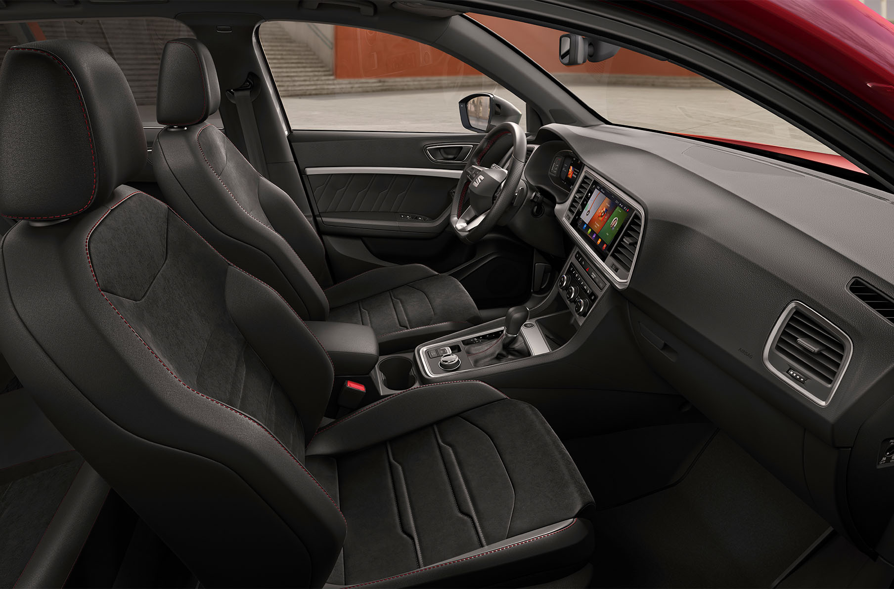 SEAT Ateca FR Black Edition, Detailaufnahme des Innenraums mit den schwarzen Dinamica Sitzen.